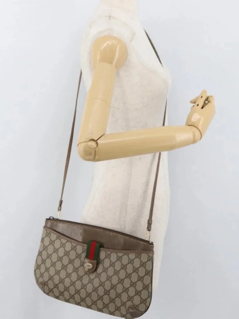 GUCCI GG Supreme Web Sherry Line Bag PVC Beige Gold 904 02 026 Auth ka4002